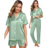 imageSWOMOG Womens Silk Satin Pajama Sets 3Pcs Button Down Pj Set Short Sleeve Sleepwear Loungewear Pjs Nightwear XSXXLAvocado Green