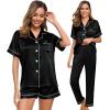 imageSWOMOG Womens Silk Satin Pajama Sets 3Pcs Button Down Pj Set Short Sleeve Sleepwear Loungewear Pjs Nightwear XSXXLBlack
