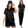 imageSWOMOG Womens Silk Satin Pajama Sets 3Pcs Button Down Pj Set Short Sleeve Sleepwear Loungewear Pjs Nightwear XSXXLBlack With Eye Mask