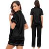 imageSWOMOG Womens Silk Satin Pajama Sets 3Pcs Button Down Pj Set Short Sleeve Sleepwear Loungewear Pjs Nightwear XSXXLBlack With Eye Mask
