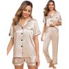 imageSWOMOG Womens Silk Satin Pajama Sets 3Pcs Button Down Pj Set Short Sleeve Sleepwear Loungewear Pjs Nightwear XSXXLChampagne