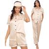 imageSWOMOG Womens Silk Satin Pajama Sets 3Pcs Button Down Pj Set Short Sleeve Sleepwear Loungewear Pjs Nightwear XSXXLChampagne With Eye Mask