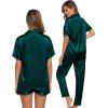 imageSWOMOG Womens Silk Satin Pajama Sets 3Pcs Button Down Pj Set Short Sleeve Sleepwear Loungewear Pjs Nightwear XSXXLDeep Green