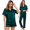 imageSWOMOG Womens Silk Satin Pajama Sets 3Pcs Button Down Pj Set Short Sleeve Sleepwear Loungewear Pjs Nightwear XSXXLDeep Green