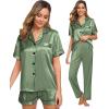 imageSWOMOG Womens Silk Satin Pajama Sets 3Pcs Button Down Pj Set Short Sleeve Sleepwear Loungewear Pjs Nightwear XSXXLMatcha