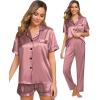 imageSWOMOG Womens Silk Satin Pajama Sets 3Pcs Button Down Pj Set Short Sleeve Sleepwear Loungewear Pjs Nightwear XSXXLMisty Rose