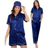 imageSWOMOG Womens Silk Satin Pajama Sets 3Pcs Button Down Pj Set Short Sleeve Sleepwear Loungewear Pjs Nightwear XSXXLNavy Blue With Eye Mask