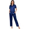 imageSWOMOG Womens Silk Satin Pajama Sets 3Pcs Button Down Pj Set Short Sleeve Sleepwear Loungewear Pjs Nightwear XSXXLNavy Blue With Eye Mask