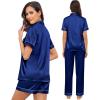 imageSWOMOG Womens Silk Satin Pajama Sets 3Pcs Button Down Pj Set Short Sleeve Sleepwear Loungewear Pjs Nightwear XSXXLNavy Blue With Eye Mask