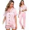 imageSWOMOG Womens Silk Satin Pajama Sets 3Pcs Button Down Pj Set Short Sleeve Sleepwear Loungewear Pjs Nightwear XSXXLPink