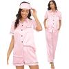 imageSWOMOG Womens Silk Satin Pajama Sets 3Pcs Button Down Pj Set Short Sleeve Sleepwear Loungewear Pjs Nightwear XSXXLPink With Eye Mask