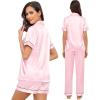 imageSWOMOG Womens Silk Satin Pajama Sets 3Pcs Button Down Pj Set Short Sleeve Sleepwear Loungewear Pjs Nightwear XSXXLPink With Eye Mask
