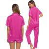 imageSWOMOG Womens Silk Satin Pajama Sets 3Pcs Button Down Pj Set Short Sleeve Sleepwear Loungewear Pjs Nightwear XSXXLRose Red
