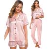 imageSWOMOG Womens Silk Satin Pajama Sets 3Pcs Button Down Pj Set Short Sleeve Sleepwear Loungewear Pjs Nightwear XSXXLSakura Pink