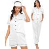 imageSWOMOG Womens Silk Satin Pajama Sets 3Pcs Button Down Pj Set Short Sleeve Sleepwear Loungewear Pjs Nightwear XSXXLWhite With Eye Mask