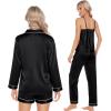 imageSWOMOG Womens Silk Satin Pajamas Sets 4pcs Loungewear Sexy Cami Shorts Set Button Down Long Sleeve Pjs SleepwearBlack
