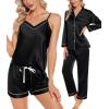 imageSWOMOG Womens Silk Satin Pajamas Sets 4pcs Loungewear Sexy Cami Shorts Set Button Down Long Sleeve Pjs SleepwearBlack
