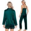 imageSWOMOG Womens Silk Satin Pajamas Sets 4pcs Loungewear Sexy Cami Shorts Set Button Down Long Sleeve Pjs SleepwearDark Green
