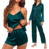 imageSWOMOG Womens Silk Satin Pajamas Sets 4pcs Loungewear Sexy Cami Shorts Set Button Down Long Sleeve Pjs SleepwearLong Sleeve Classicgreen