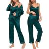 imageSWOMOG Womens Silk Satin Pajamas Sets 4pcs Loungewear Sexy Cami Shorts Set Button Down Long Sleeve Pjs SleepwearLong Sleeve Classicgreen