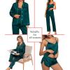 imageSWOMOG Womens Silk Satin Pajamas Sets 4pcs Loungewear Sexy Cami Shorts Set Button Down Long Sleeve Pjs SleepwearLong Sleeve Classicgreen