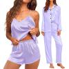 imageSWOMOG Womens Silk Satin Pajamas Sets 4pcs Loungewear Sexy Cami Shorts Set Button Down Long Sleeve Pjs SleepwearLong Sleeve Classiclavender