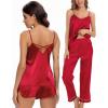 imageSWOMOG Womens Silk Satin Pajamas Sets 4pcs Loungewear Sexy Cami Shorts Set Button Down Long Sleeve Pjs SleepwearLong Sleeve Classicred