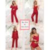imageSWOMOG Womens Silk Satin Pajamas Sets 4pcs Loungewear Sexy Cami Shorts Set Button Down Long Sleeve Pjs SleepwearLong Sleeve Classicred