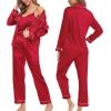 imageSWOMOG Womens Silk Satin Pajamas Sets 4pcs Loungewear Sexy Cami Shorts Set Button Down Long Sleeve Pjs SleepwearLong Sleeve Classicred