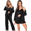 imageSWOMOG Womens Silk Satin Pajamas Sets 4pcs Loungewear Sexy Cami Shorts Set Button Down Long Sleeve Pjs SleepwearLong Sleeveblack