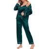 imageSWOMOG Womens Silk Satin Pajamas Sets 4pcs Loungewear Sexy Cami Shorts Set Button Down Long Sleeve Pjs SleepwearLong Sleevedark Green