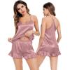 imageSWOMOG Womens Silk Satin Pajamas Sets 4pcs Loungewear Sexy Cami Shorts Set Button Down Long Sleeve Pjs SleepwearLong Sleevemisty Rose