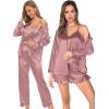 imageSWOMOG Womens Silk Satin Pajamas Sets 4pcs Loungewear Sexy Cami Shorts Set Button Down Long Sleeve Pjs SleepwearLong Sleevemisty Rose