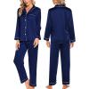 imageSWOMOG Womens Silk Satin Pajamas Sets 4pcs Loungewear Sexy Cami Shorts Set Button Down Long Sleeve Pjs SleepwearLong Sleevenavy Blue