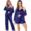 imageSWOMOG Womens Silk Satin Pajamas Sets 4pcs Loungewear Sexy Cami Shorts Set Button Down Long Sleeve Pjs SleepwearLong Sleevenavy Blue