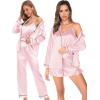 imageSWOMOG Womens Silk Satin Pajamas Sets 4pcs Loungewear Sexy Cami Shorts Set Button Down Long Sleeve Pjs SleepwearLong Sleevepink