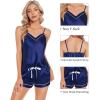 imageSWOMOG Womens Silk Satin Pajamas Sets 4pcs Loungewear Sexy Cami Shorts Set Button Down Long Sleeve Pjs SleepwearNavy Blue