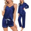 imageSWOMOG Womens Silk Satin Pajamas Sets 4pcs Loungewear Sexy Cami Shorts Set Button Down Long Sleeve Pjs SleepwearNavy Blue