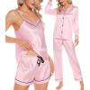 imageSWOMOG Womens Silk Satin Pajamas Sets 4pcs Loungewear Sexy Cami Shorts Set Button Down Long Sleeve Pjs SleepwearPink