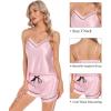 imageSWOMOG Womens Silk Satin Pajamas Sets 4pcs Loungewear Sexy Cami Shorts Set Button Down Long Sleeve Pjs SleepwearPink