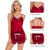 imageSWOMOG Womens Silk Satin Pajamas Sets 4pcs Loungewear Sexy Cami Shorts Set Button Down Long Sleeve Pjs SleepwearRed