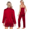 imageSWOMOG Womens Silk Satin Pajamas Sets 4pcs Loungewear Sexy Cami Shorts Set Button Down Long Sleeve Pjs SleepwearRed