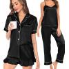 imageSWOMOG Womens Silk Satin Pajamas Sets 4pcs Loungewear Sexy Cami Shorts Set Button Down Long Sleeve Pjs SleepwearShort Sleeveblack