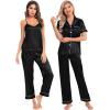 imageSWOMOG Womens Silk Satin Pajamas Sets 4pcs Loungewear Sexy Cami Shorts Set Button Down Long Sleeve Pjs SleepwearShort Sleeveblack