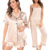imageSWOMOG Womens Silk Satin Pajamas Sets 4pcs Loungewear Sexy Cami Shorts Set Button Down Long Sleeve Pjs SleepwearShort Sleevechampagne