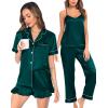 imageSWOMOG Womens Silk Satin Pajamas Sets 4pcs Loungewear Sexy Cami Shorts Set Button Down Long Sleeve Pjs SleepwearShort Sleevedarkgreen