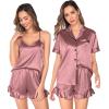 imageSWOMOG Womens Silk Satin Pajamas Sets 4pcs Loungewear Sexy Cami Shorts Set Button Down Long Sleeve Pjs SleepwearShort Sleevemisty Rose