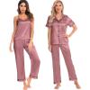 imageSWOMOG Womens Silk Satin Pajamas Sets 4pcs Loungewear Sexy Cami Shorts Set Button Down Long Sleeve Pjs SleepwearShort Sleevemisty Rose