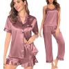imageSWOMOG Womens Silk Satin Pajamas Sets 4pcs Loungewear Sexy Cami Shorts Set Button Down Long Sleeve Pjs SleepwearShort Sleevemisty Rose