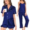 imageSWOMOG Womens Silk Satin Pajamas Sets 4pcs Loungewear Sexy Cami Shorts Set Button Down Long Sleeve Pjs SleepwearShort Sleevenavy Blue